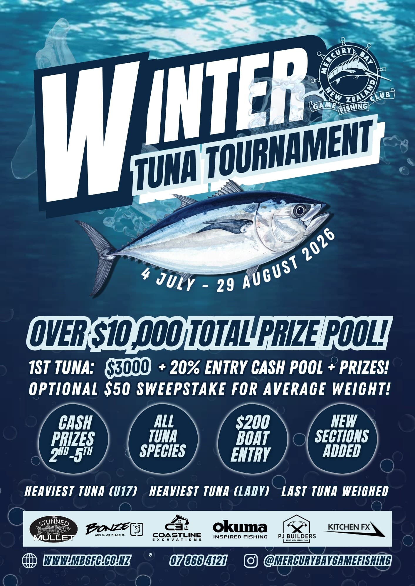 Winter Tournament Poster » Mercury Bay Game Fishing Club Poster for a tuna fishing tournament titled 'Winter Tuna Tournament' with a big tuna illustration and schedule: July 4 to August 29, 2026, prize pool over ,000 (NZ)