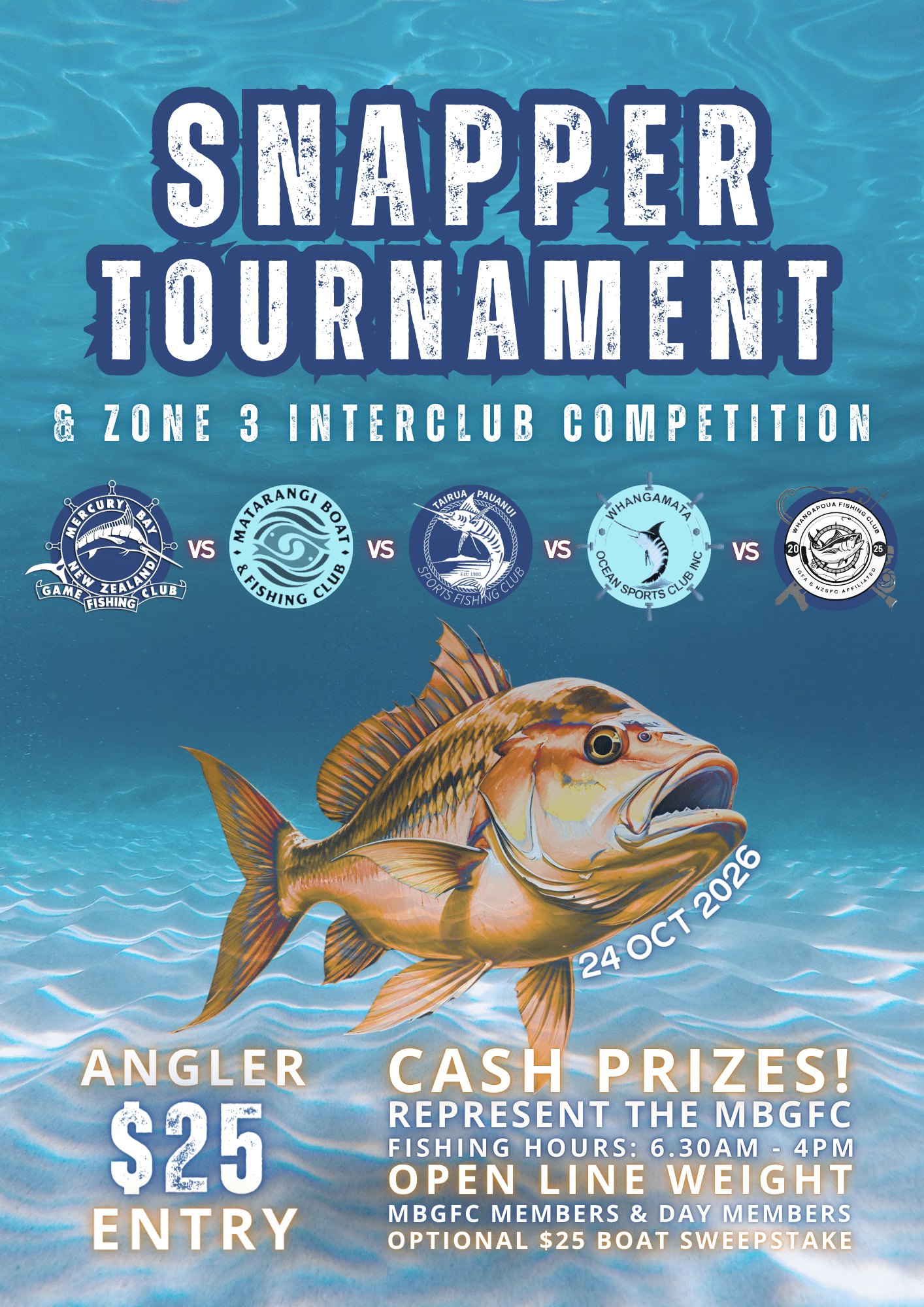 inter snapper A4 26 » Mercury Bay Game Fishing Club Poster for Snapper Tournament with club logos along the bottom, a large fish illustration, and date details over a blue ocean background.