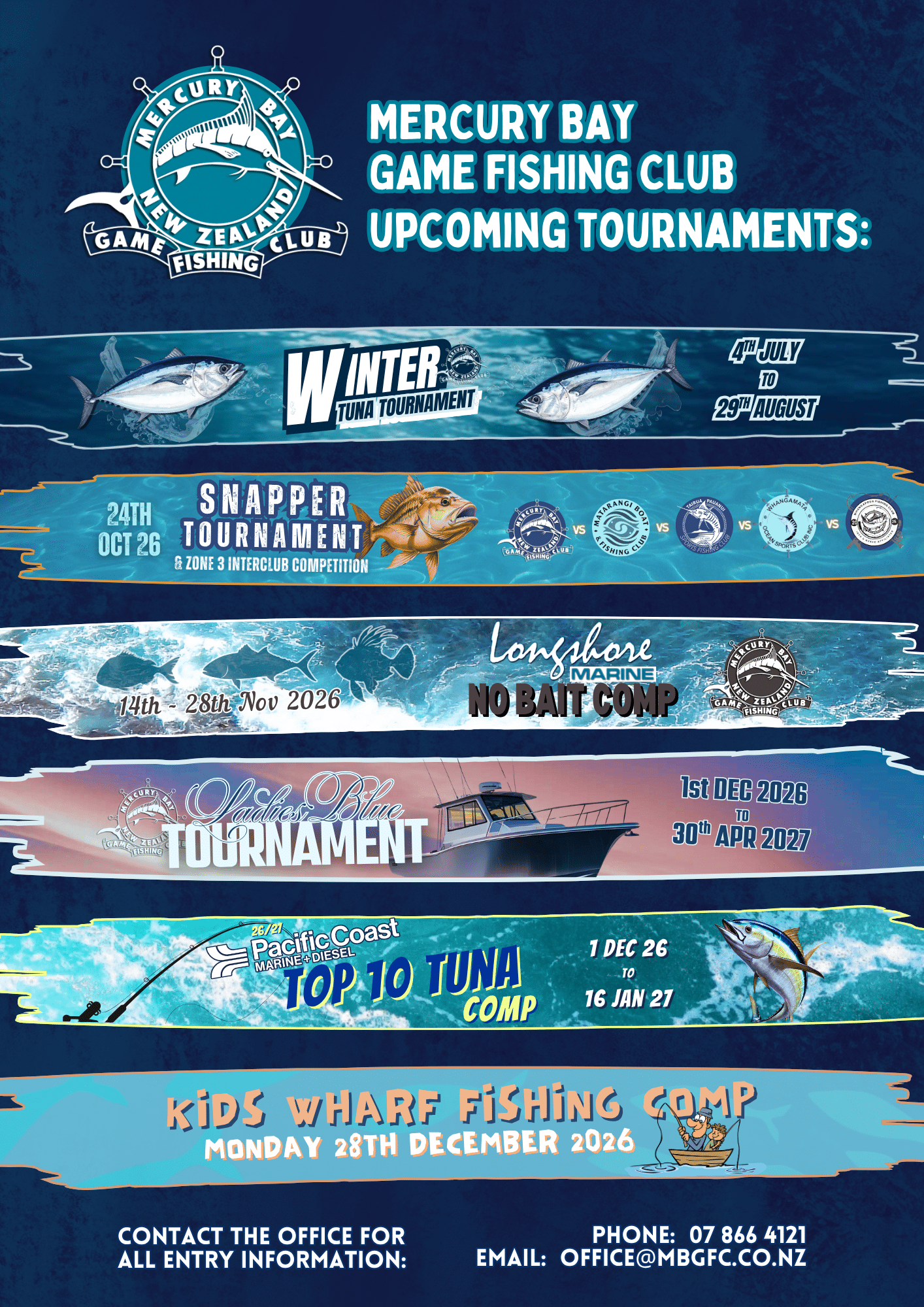 Banner promoting Mercury Bay Game Fishing Club tournaments with multiple event panels and logos across a blue aquatic background
