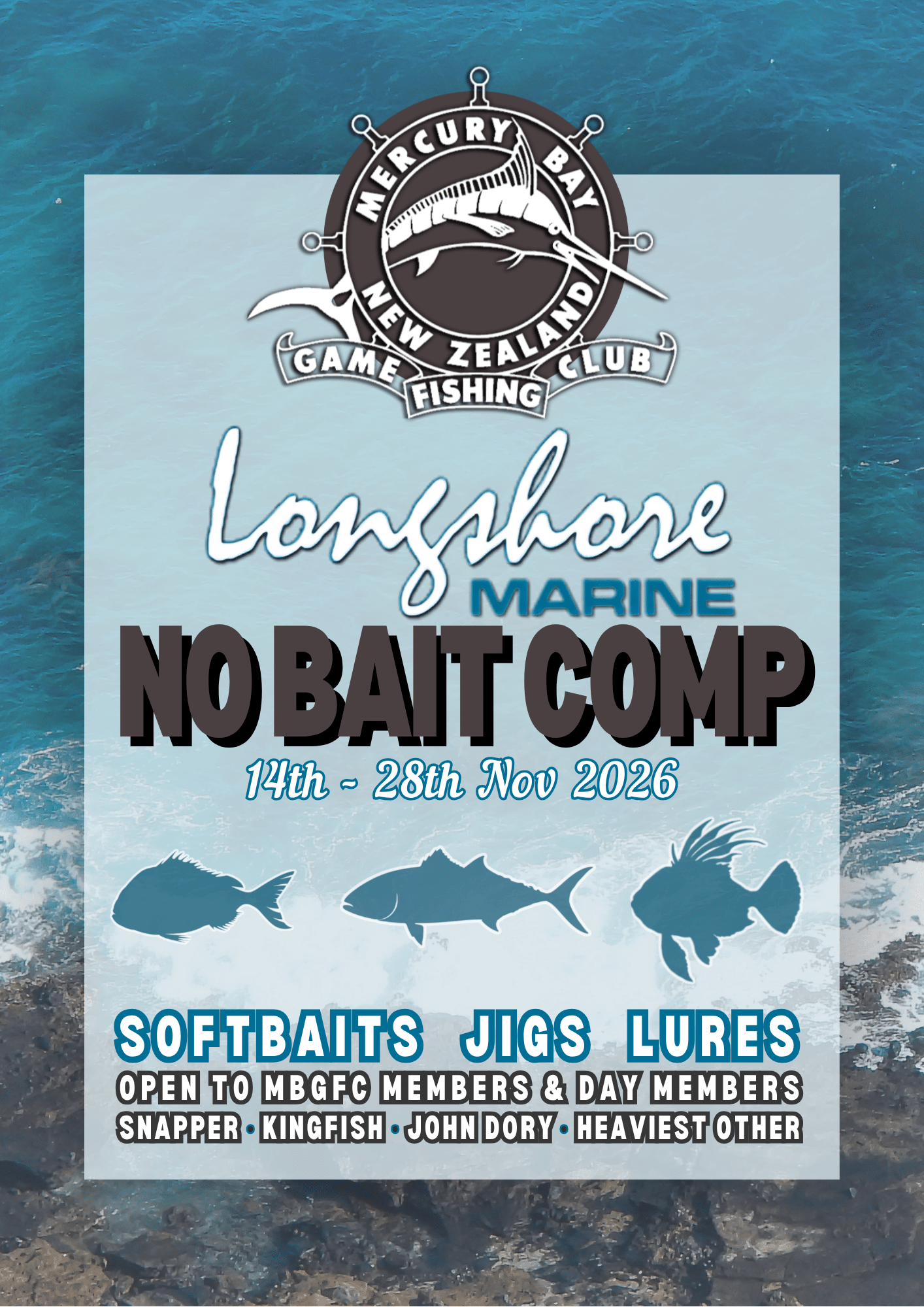 No Bait for Website Β» Mercury Bay Game Fishing Club Poster advertising Mercury Bay, New Zealand Game Fishing No-Bait-Combo event, Nov 14β28, 2026, with fish silhouettes and ocean background.