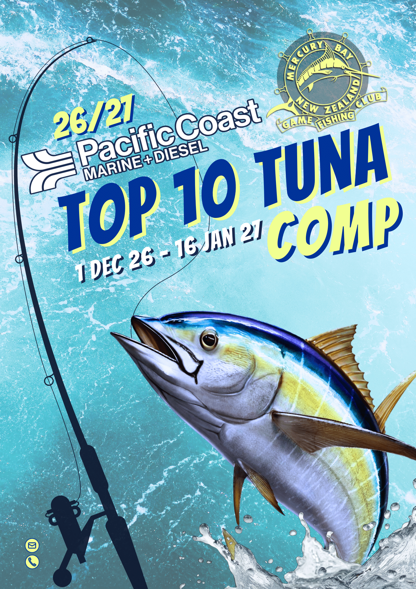 TOP10 TUNA WEBSITE Β» Mercury Bay Game Fishing Club Event poster for a tuna fishing competition: large jumping tuna against a blue water background, with a fishing rod silhouette and club logo; includes 'TOP 10 TUNA' and dates.
