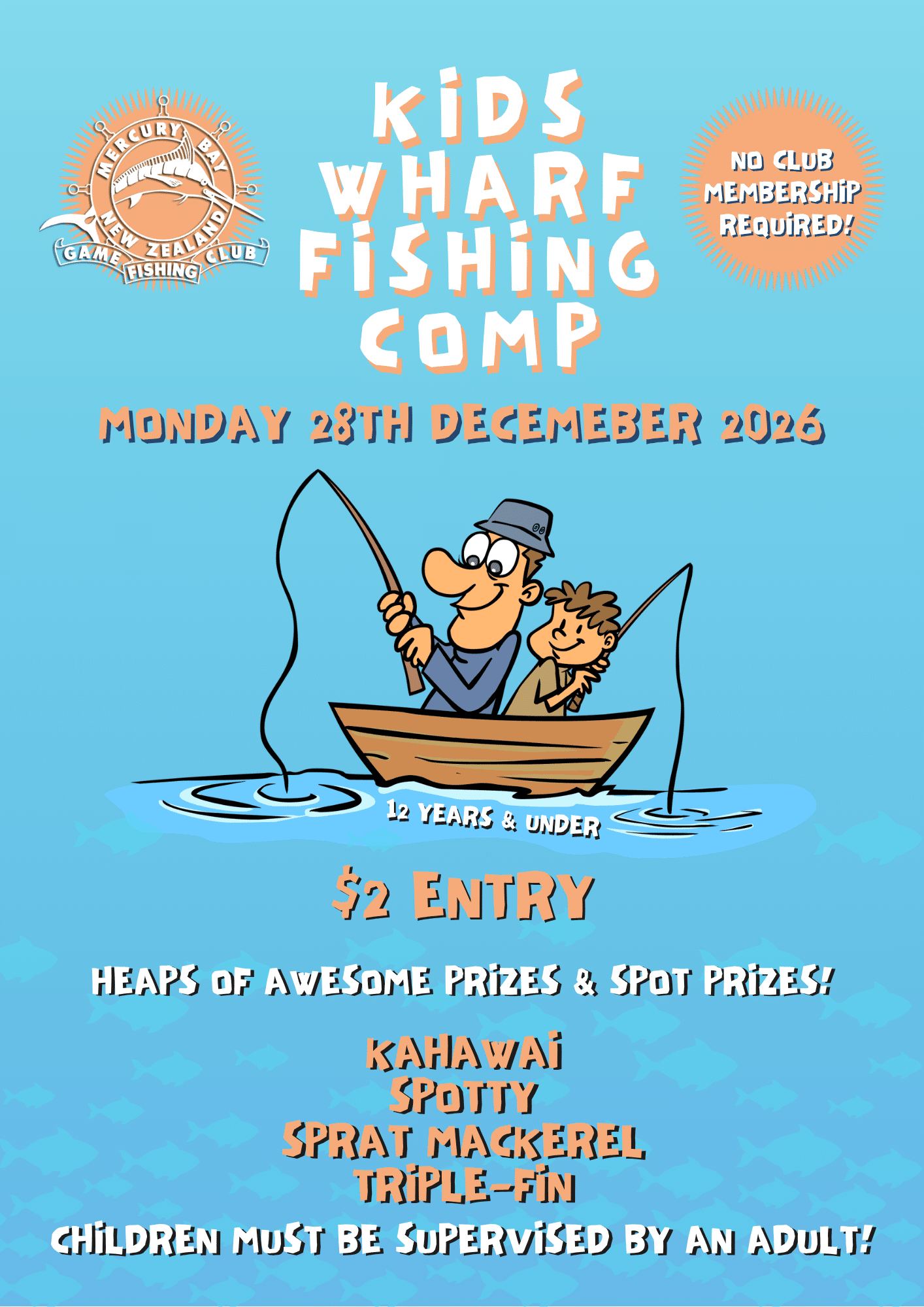 Wharf website Β» Mercury Bay Game Fishing Club Bright poster advertising Kids Wharf Fishing Camp with a man and child fishing from a boat on blue water, bold title text above.