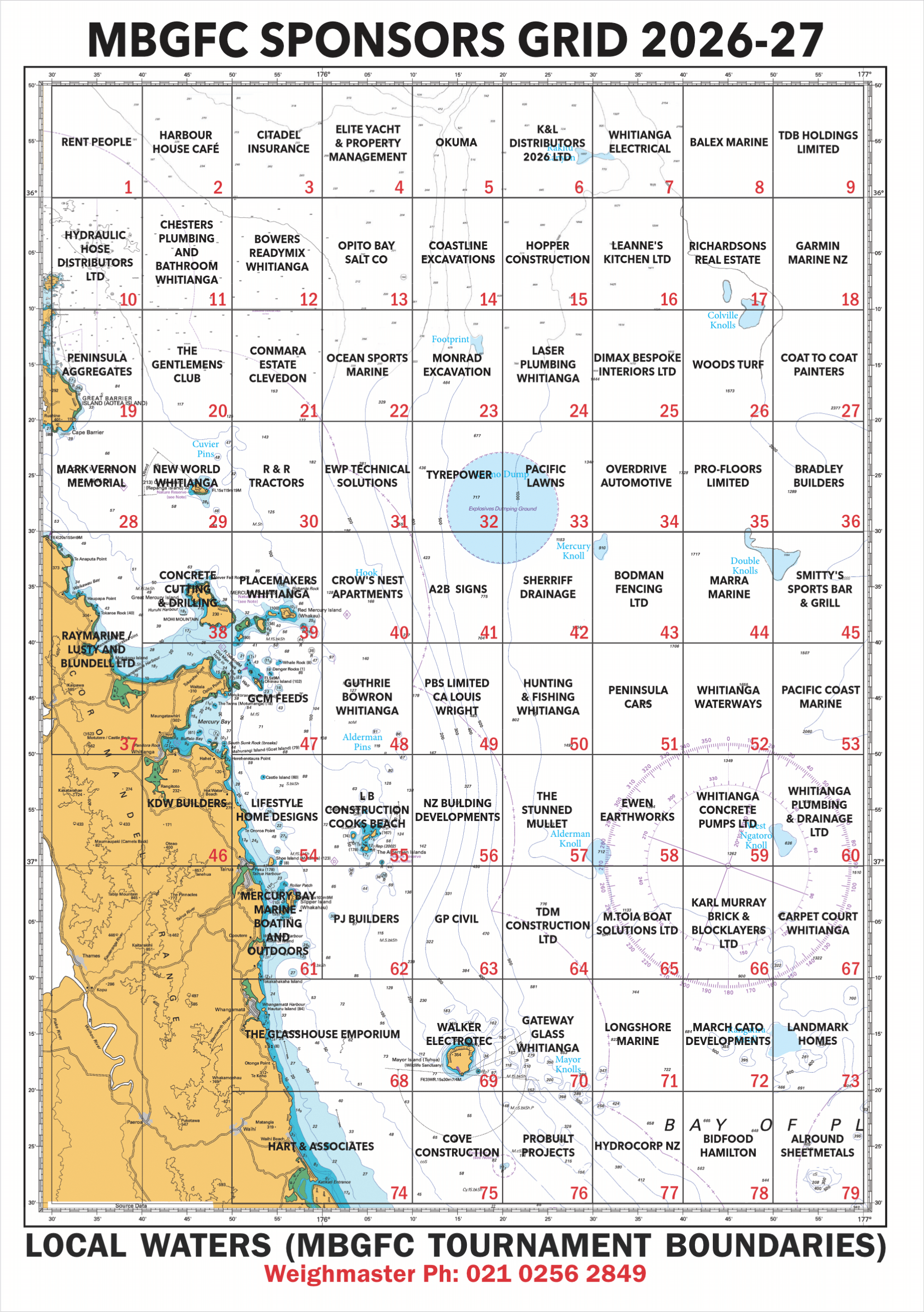 MBGFC Sponsors Grid 2026–27: a grid of sponsor names in numbered cells over a nautical map background.