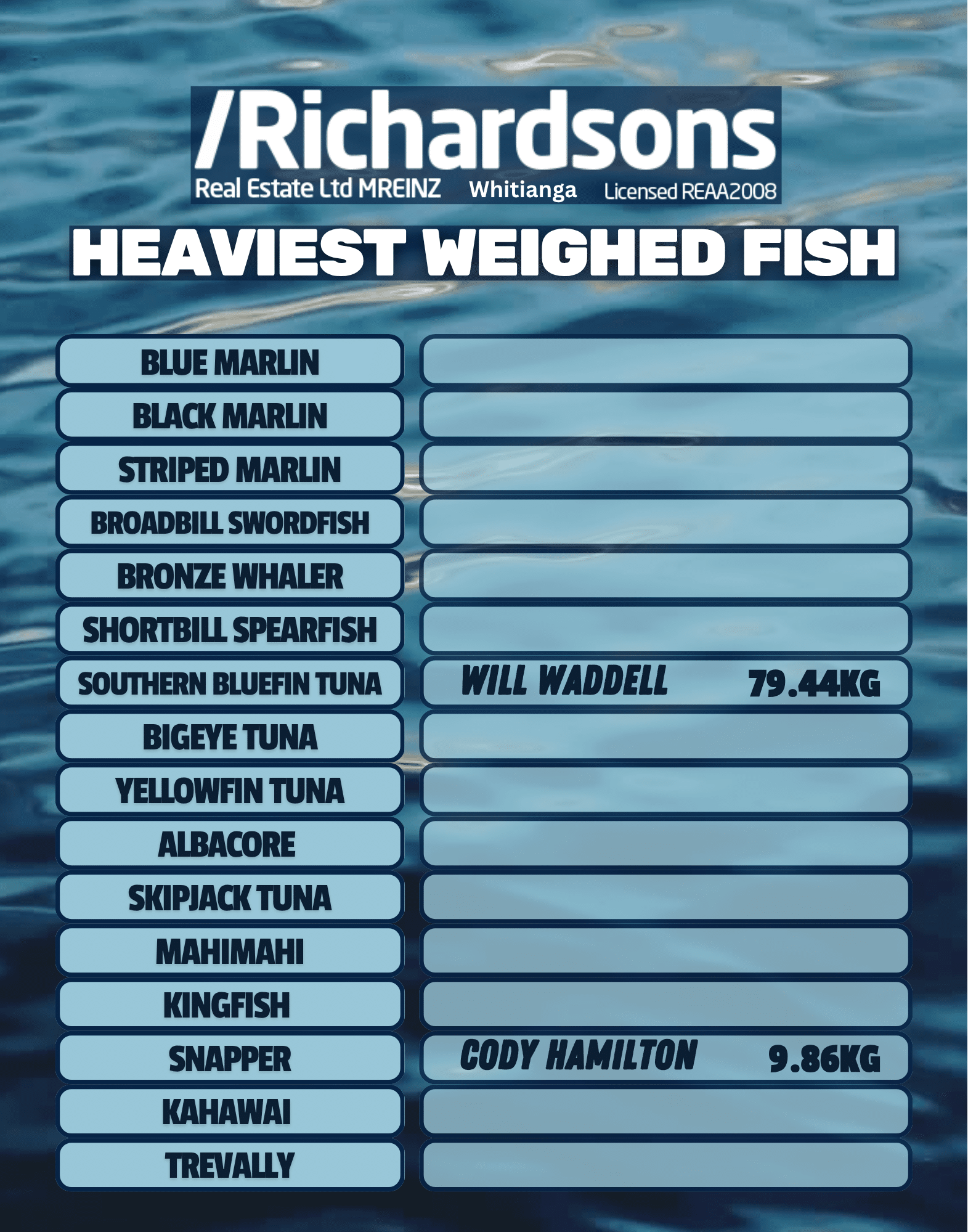 Heavies » Mercury Bay Game Fishing Club Header reads 'Haviest Weighed Fish' over a blue-water background with a fish leaderboard; entries list fish species such as Blue Marlin, Black Marlin, Striped Marlin, Broadbill Swordfish, Bronze Whaler... (weight column to the right).